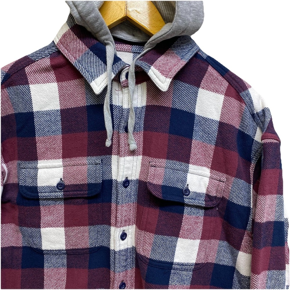 American Eagle Hooded Flannel Shirt Mens S Red Blue‎ Plaid Button Up Lumberjack